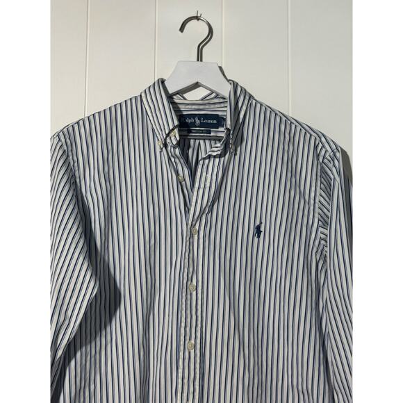 Ralph Lauren Mens Custom Fit Button Down Blue White Striped Shirt Size Medium - Picture 9 of 9